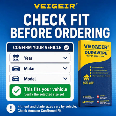 Check fit instructions for VEIGEIR windshield wipers with vehicle details and water repellency features.