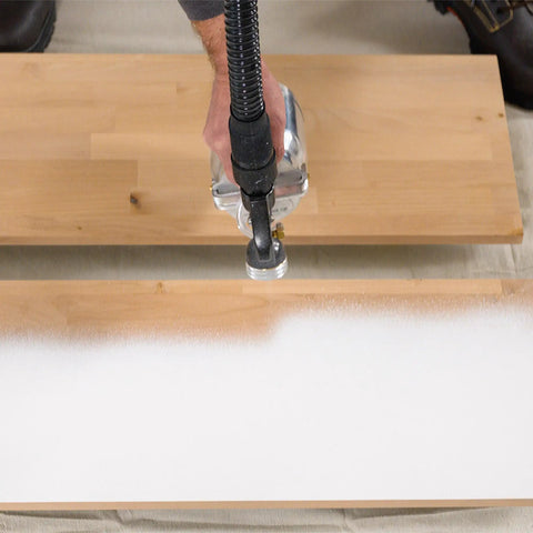Using Stationary Hvlp Finishing Sprayer For Woodworkers Wanting Killer Results On Furniture Restoration Projects on wooden boards.