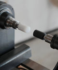 Pen Press Kit for Woodturning Lathes 2MT Taper Pro Setup with Dual Nylon Pads close-up on lathe components