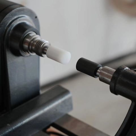 Pen Press Kit for Woodturning Lathes 2MT Taper Pro Setup with Dual Nylon Pads close-up on lathe components