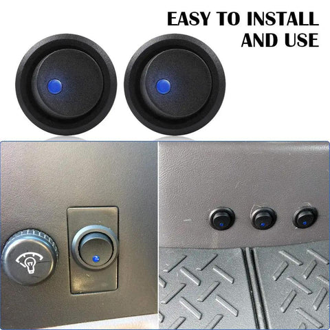 Three Pack 12V DC 20A Blue Round Rocker Toggle Switches With Bright Blue LED Indicator SPST On Off Power Switches installed in dashboard