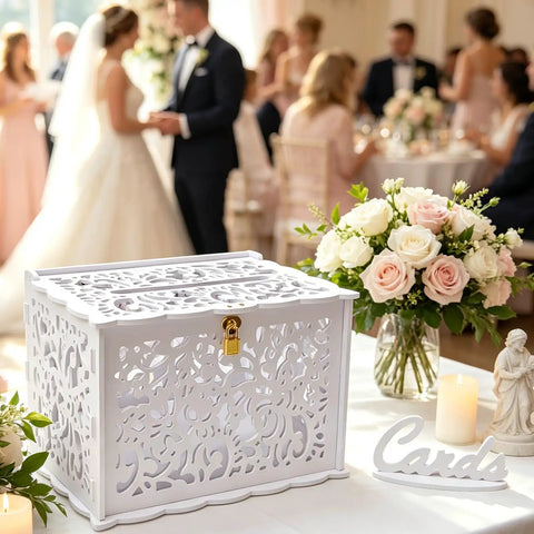 Slick White Silhouette Wedding Card Box With Lock And Slot, Dope Floral Hollow Envelope Holder displayed at wedding reception.