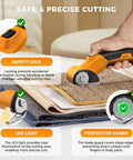 Heavy Duty Cordless Electric Scissors With Led Light Rechargeable Rotary Cutter For Cardboard Fabric Leather Carpet Plastic High Speed Safety Lock 4V Battery Power Hand Tool in use cutting carpet