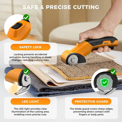 Heavy Duty Cordless Electric Scissors With Led Light Rechargeable Rotary Cutter For Cardboard Fabric Leather Carpet Plastic High Speed Safety Lock 4V Battery Power Hand Tool in use cutting carpet