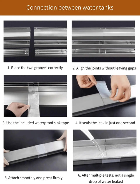 Instructions for sealing water tanks with transparent tape showing application and effectiveness.