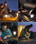 Collage of 1000 Lumen Battery Powered LED Camping Lantern With Four Light Modes in various outdoor and indoor settings