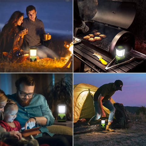 Collage of 1000 Lumen Battery Powered LED Camping Lantern With Four Light Modes in various outdoor and indoor settings