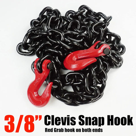Heavy Duty Three Eighth Inch By Twenty Feet G80 Binder Chain With Clevis Grab Hooks For Flatbed Trailers And Trucks Safe Working Load 7100 Pounds Ideal For Secure Towing And Tie Downs