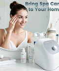Woman using At Home Pro Grade Hydro Facial System With Hydrogen Oxygen Therapy Hydrodermabrasion And Pore Vacuum Cleaner