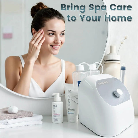 Woman using At Home Pro Grade Hydro Facial System With Hydrogen Oxygen Therapy Hydrodermabrasion And Pore Vacuum Cleaner