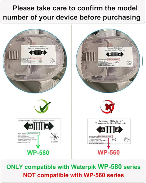 Compatibility warning guide showing WP-580 model compatible and WP-560 model not compatible. Charger For Waterpik Water Flosser WP 580 582 583 587 Cordless Advanced 2.0 Replacement Quick Charge Dock Not For WP 560 Series Keeps Your Smile Ready On The Go.