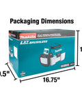 Box packaging of XCV11Z 18V LXT Brushless Cordless 2-Gallon HEPA Wet Dry Dust Extractor Vacuum with dimensions shown