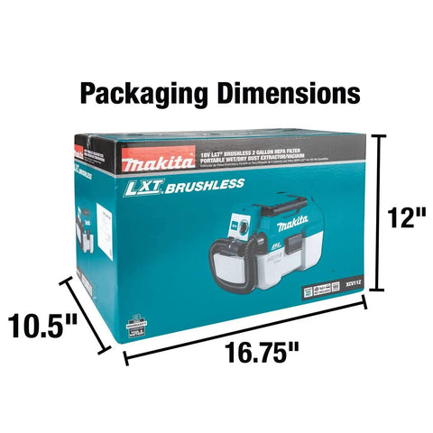 Box packaging of XCV11Z 18V LXT Brushless Cordless 2-Gallon HEPA Wet Dry Dust Extractor Vacuum with dimensions shown