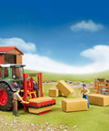 Farm scene with tractor, figures, and Four 1 To 16 Scale Hay Bale Blocks Set For Farm Toys, Brown ABS Plastic, Dimensions 4.1 X 2.2 X 1.9 Inches