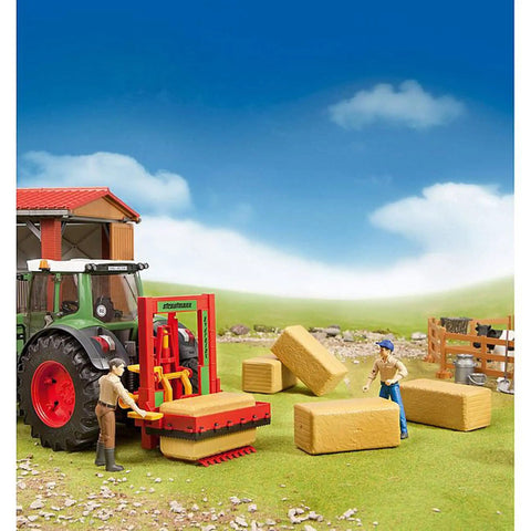 Farm scene with tractor, figures, and Four 1 To 16 Scale Hay Bale Blocks Set For Farm Toys, Brown ABS Plastic, Dimensions 4.1 X 2.2 X 1.9 Inches