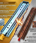 Heavy Duty Drawer Slides With Lock 500lb Full Extension Fleet Grade Locking Lever For Commercial Vans And Utility Vehicles Keeps Heavy Tool Drawers Secure Through Sharp Turns And Sudden Stops. blue-galvanized steel slide vs rusted steel