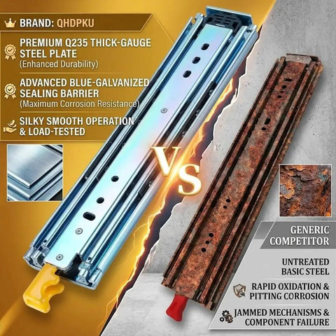 Heavy Duty Drawer Slides With Lock 500lb Full Extension Fleet Grade Locking Lever For Commercial Vans And Utility Vehicles Keeps Heavy Tool Drawers Secure Through Sharp Turns And Sudden Stops. blue-galvanized steel slide vs rusted steel