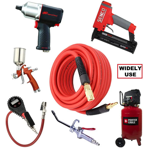 Heavy Duty Hybrid Air Hose 1 Quarter Inch By 100 Feet, 300 PSI, Lightweight And Kink Resistant with tools and compressor, Red