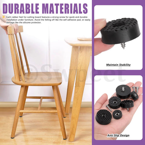 Close-up of 52 Piece Round Black Furniture Pad Set With Screws In 18mm 24mm And 30mm Sizes preventing chair sliding on hardwood floor.