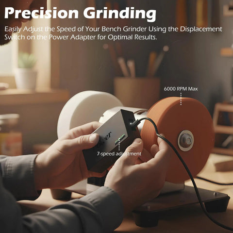 Hella Versatile Mini Bench Grinder Fitted With Three High Speed Buffing Wheels For Razor Knife Sharpening And Spotless Metal Polish showing 7-speed power adapter adjustments.