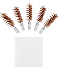 Five Pack Phosphor Bronze Bore Brushes For Pistols And Shotguns With Fifty Patches Multi Caliber Cleaning Kit displayed on white background