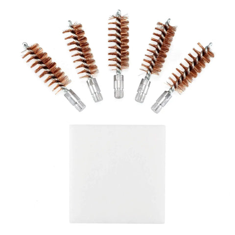 Five Pack Phosphor Bronze Bore Brushes For Pistols And Shotguns With Fifty Patches Multi Caliber Cleaning Kit displayed on white background