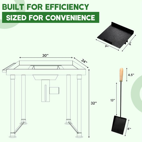 Measured diagram of Beginner Friendly Coal Forge Stand With Fire Pot And Hand Blower Blacksmith Forge Starter Kit showing dimensions.
