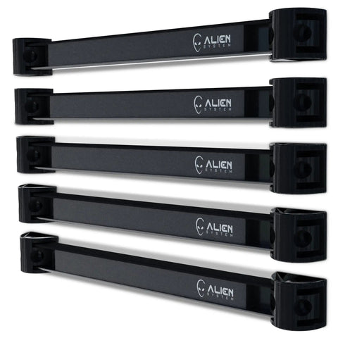 Five PVC sticker coated magnetic rails in a stack, part of Magnetic Tool Strips Organizer 5 Pack With Sixty Inches Total Length.
