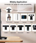 Telescopic Webcam Tripod Desk Mount With Phone Holder, Adjustable 11.4 to 18.7 Inches shown with compatible devices.