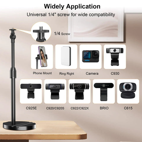 Telescopic Webcam Tripod Desk Mount With Phone Holder, Adjustable 11.4 to 18.7 Inches shown with compatible devices.
