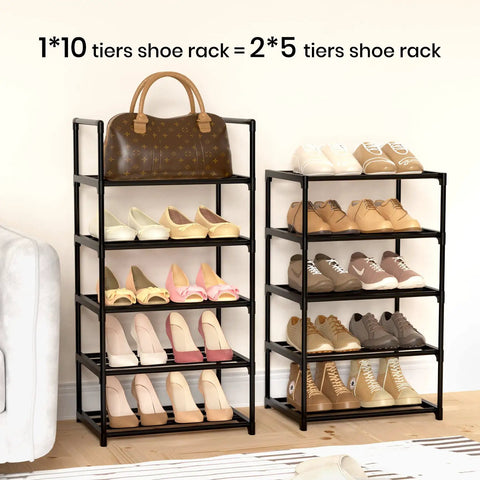 Narrow 10 Tier Shoe Rack For Small Spaces, shown with shoes and a bag, stackable metal cabinets in durable black finish.