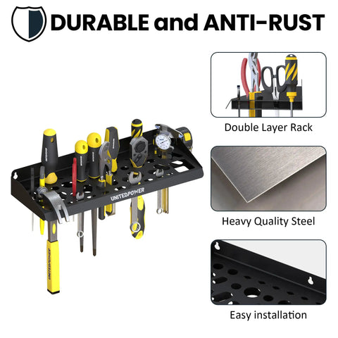 Wall Mount Tool Storage Rack With 51 Tool Holes For Screwdrivers, Wrenches, Pliers And More, Space Saving Utility Shelf with tools