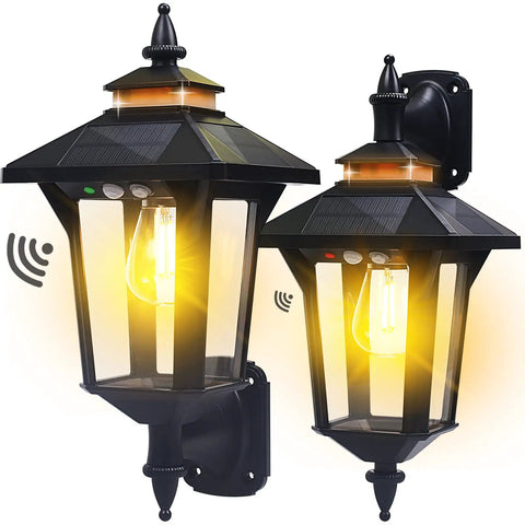 Two Pack Solar Wall Lantern Lights Outdoor With Motion Sensor, Three Lighting Modes, Dusk To Dawn LED Exterior Wall Sconces