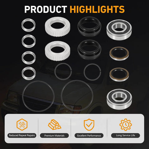 16 Piece Rear Axle Bearing And Seal Kit For Toyota Tacoma 1995 Through 2004 And 4Runner 1996 Through 2002 Replacement Part Numbers 90520 36045 42423 20010 90363 40020 Built To Last Beefed Up Heavy Duty Truck Axle Repair Kit components shown with highlighted features