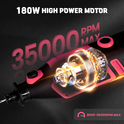 Close-up of Rock Solid Corded Rotary Tool Kit With 180 Watt Motor, showing high power motor with speeds up to 35000 RPM.