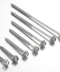 Heavy Duty 10x1 Hex Head Self Tapping Wood Screws Rust Proof 410 Stainless Steel Fasteners 250 Pack displayed in various sizes.