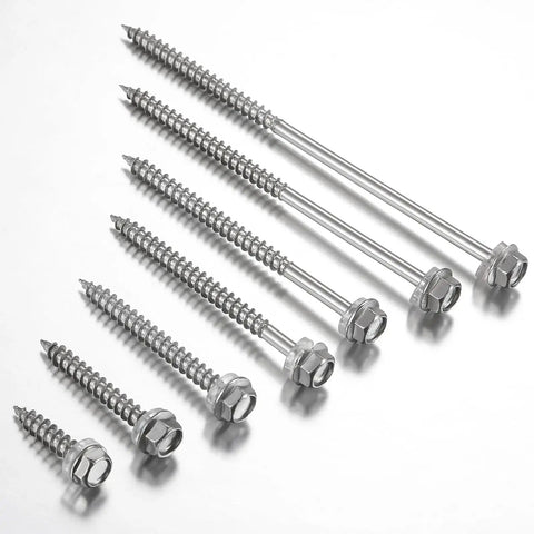 Heavy Duty 10x1 Hex Head Self Tapping Wood Screws Rust Proof 410 Stainless Steel Fasteners 250 Pack displayed in various sizes.