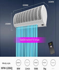 Heavy Duty Air Curtain Pumping Out Mean Airflow And Running Smooth As Silk With Dual Fan Speeds Adjustable Swivel Vane And Total Remote Ease For Tight Thermal Lockdown And Zero Drama Wall Installs dimensions displayed with airflow in action.