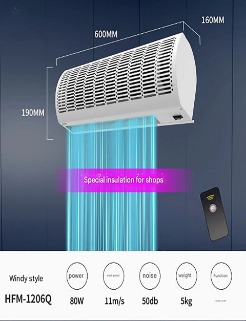 Heavy Duty Air Curtain Pumping Out Mean Airflow And Running Smooth As Silk With Dual Fan Speeds Adjustable Swivel Vane And Total Remote Ease For Tight Thermal Lockdown And Zero Drama Wall Installs dimensions displayed with airflow in action.