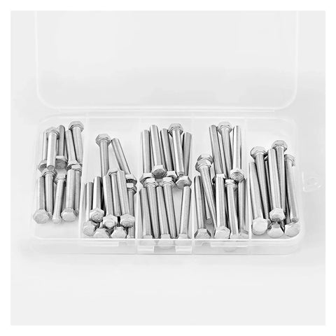 50 Pack M5 Hex Bolts Stainless Steel 304 Set With Bright Finish For Rust Proof Heavy Duty Fastening In Various Lengths From 1 To 2 Inches featuring assorted sizes in plastic storage case.