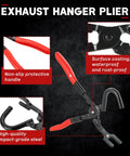 Exhaust hanger removal tool with red non-slip handles; steel muffler hanger pliers for rubber hangers.