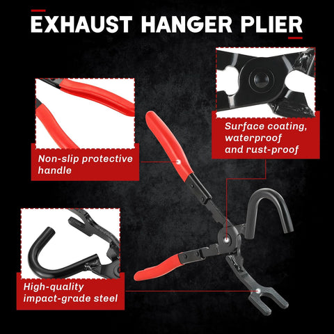 Exhaust hanger removal tool with red non-slip handles; steel muffler hanger pliers for rubber hangers.