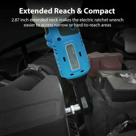 Beefy 20V Cordless Electric Ratchet Wrench Kit With Three Eighth Inch Drive used in tight engine space showing extended reach