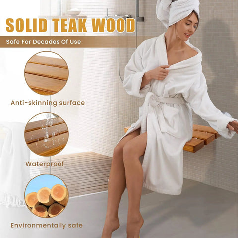 Woman sitting on 20 Inch Teak Folding Shower Seat Wall Mounted Fold Down Bench For Small Bathrooms Built Tough Teak Wood Stool Inside Shower Heavy Duty Stainless Steel Frame Supports Up To 440 Lbs.