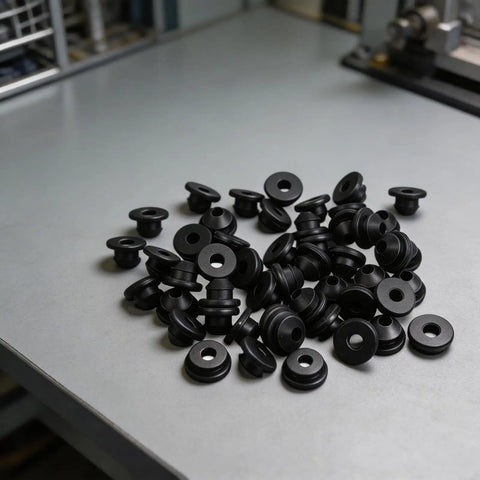 Bulletproof Rubber Grommet Kit For 1/8 5/32 And 3/16 Inch Cable Railing Posts featuring multiple black rubber grommets on a workspace.