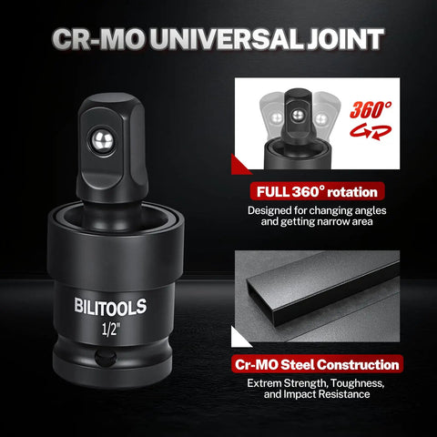 CR-MO universal joint from 17 Piece Socket Adapter Set With Reducers And Universal Joint, Impact Drill Adapters For One Quarter, Three Eighths And One Half Inch Drives, Includes Multiple Female To Male Adapters For Quick No Fuss Projects with 360-degree rotation and steel construction.
