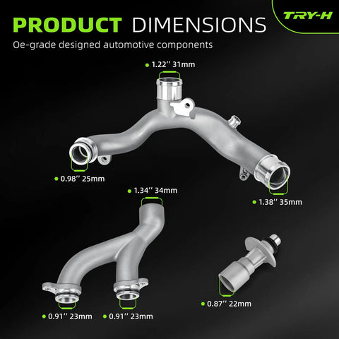 Drop In Aluminum Coolant Outlet Pipe LR092992 Heavy Duty Swap For Land Rover And Jaguar Rides straight plug and play dimensions.