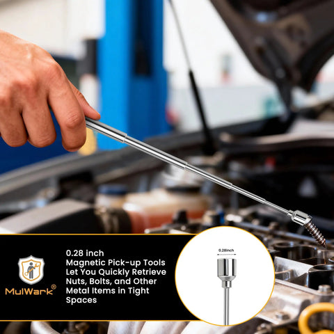 Hand using telescoping magnetic pickup tool from 7 Piece Telescoping Magnetic Pickup Tool Set With 1 Pound And 5 Pound Magnet Sticks