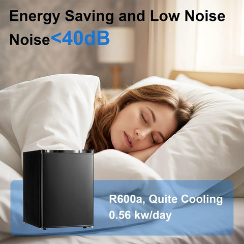 Compact 2.1 Cubic Foot Upright Freezer Featuring Precision Temperature Controls And Sturdy Removable Shelves in a bedroom, low noise under 40dB.