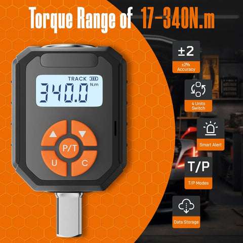 Half Inch Digital Torque Wrench Adapter Set With Buzzer And LED Indicator, 17 To 340 Newton Meters, 12.54 To 250.8 Foot Pounds, Electronic Torque Adapter For Automotive Motorcycle And Car Repair, Precision Readouts, front view
